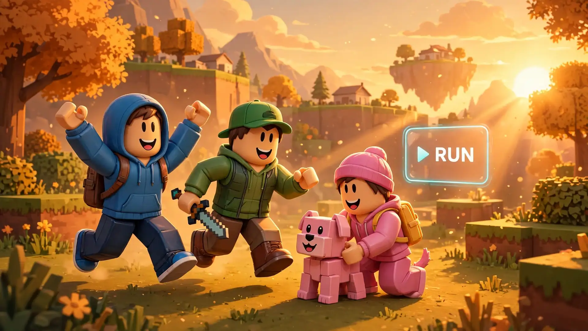 Cryptic Executor in-game illustration: blocky Roblox-style characters playing in a bright game world with a script menu panel