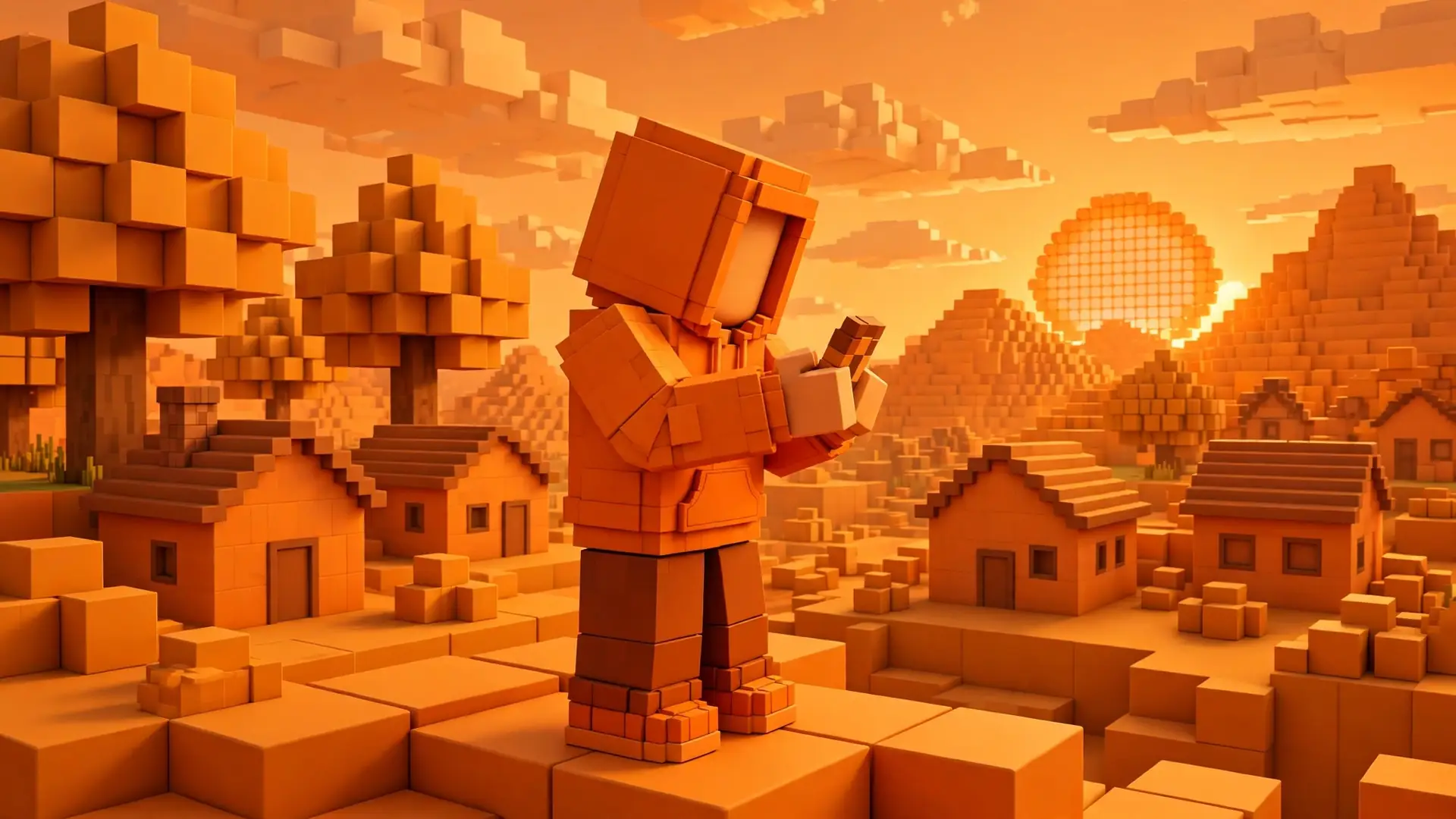 Cryptic Executor mobile illustration: blocky Roblox-style character in an orange hoodie checking a phone in a warm orange game world