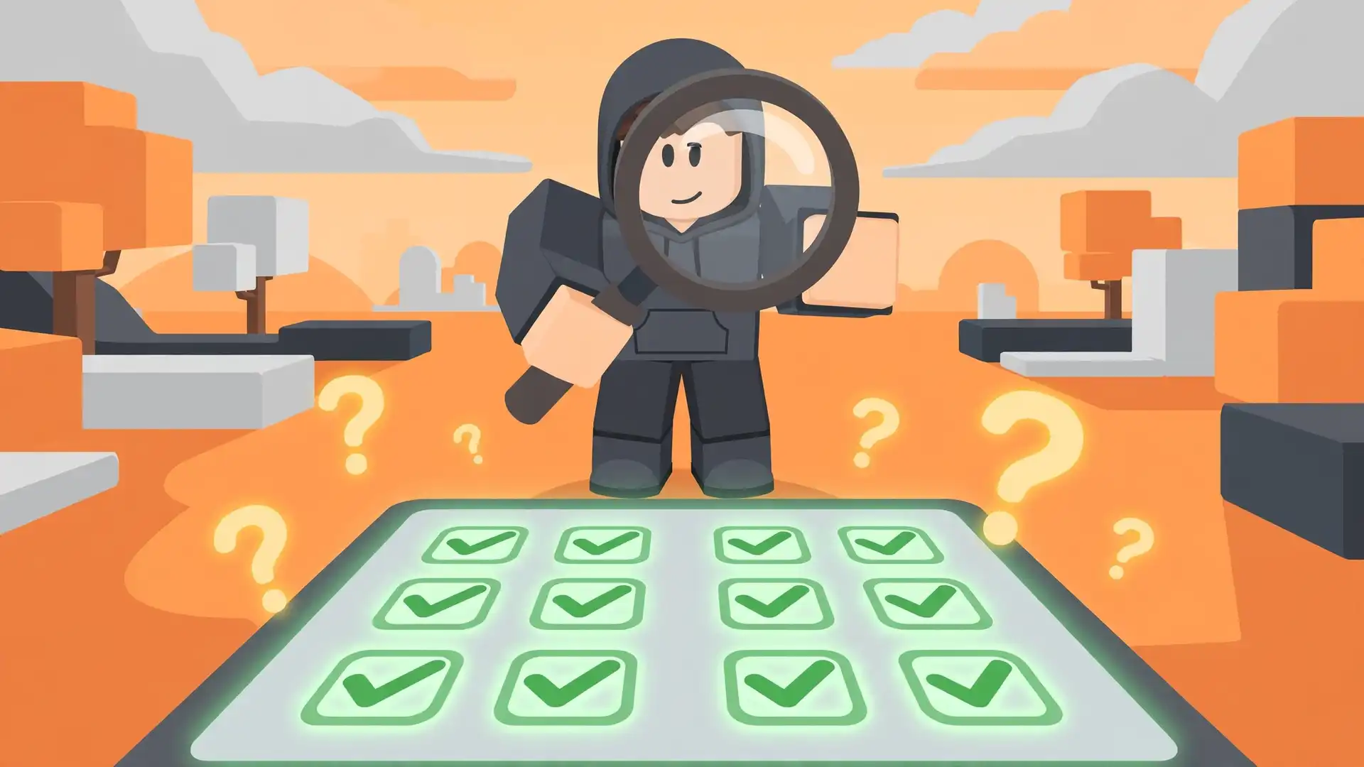 Blocky Roblox-style character examining a checklist board of green check marks through a magnifying glass, illustrating how to read a sUNC score without being fooled