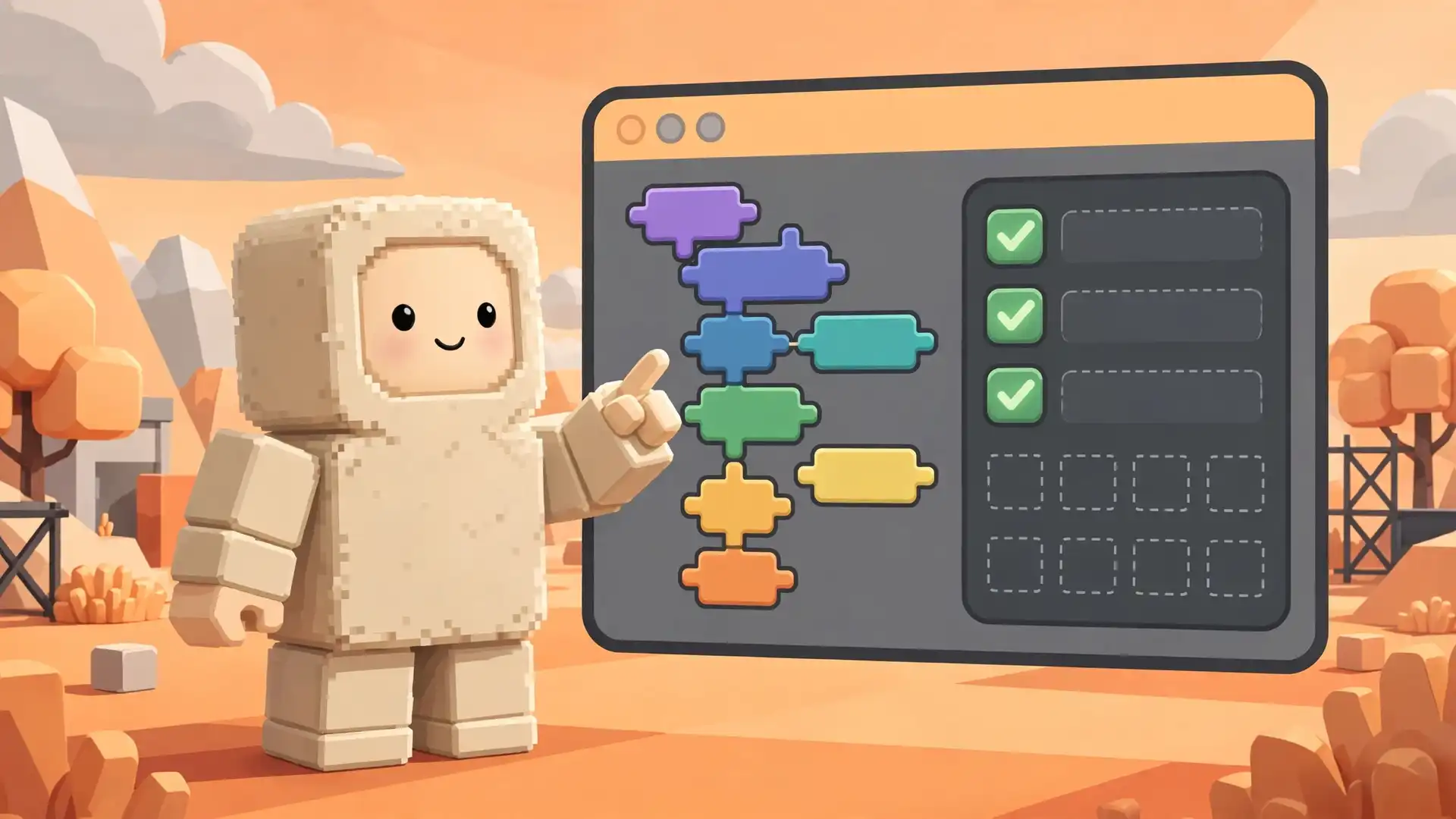 Blocky Roblox-style character pointing at a code editor window with a checklist of green check marks, illustrating how a sUNC compatibility test checks script functions