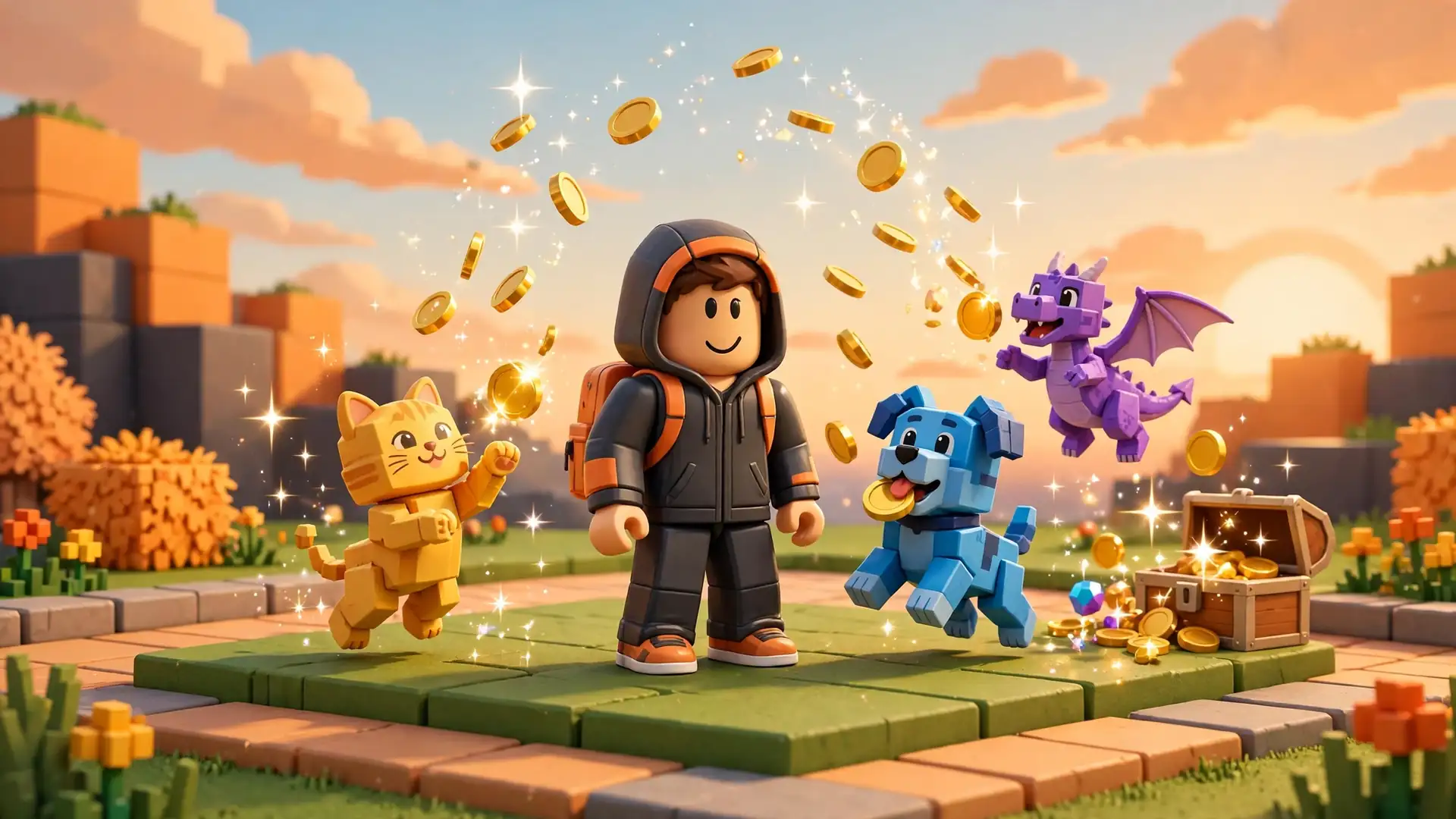 Pet Simulator 99 auto farm illustration: blocky Roblox-style character with a golden cat, blue dog and purple dragon collecting gold coins beside a treasure chest in a bright pet game world