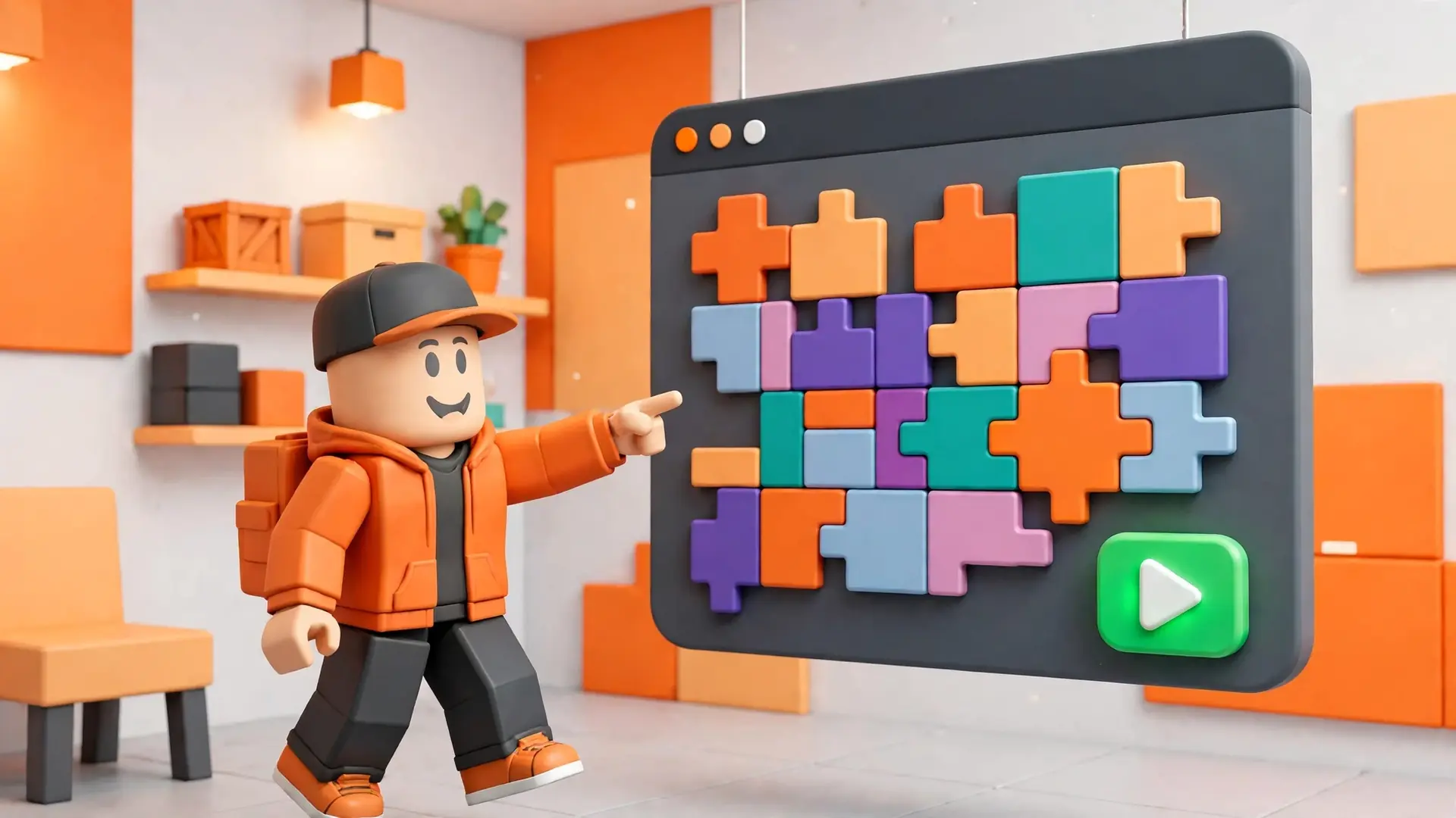 Pet Simulator 99 script running illustration: blocky Roblox-style character pointing at a code editor window with colorful code blocks and a green play button